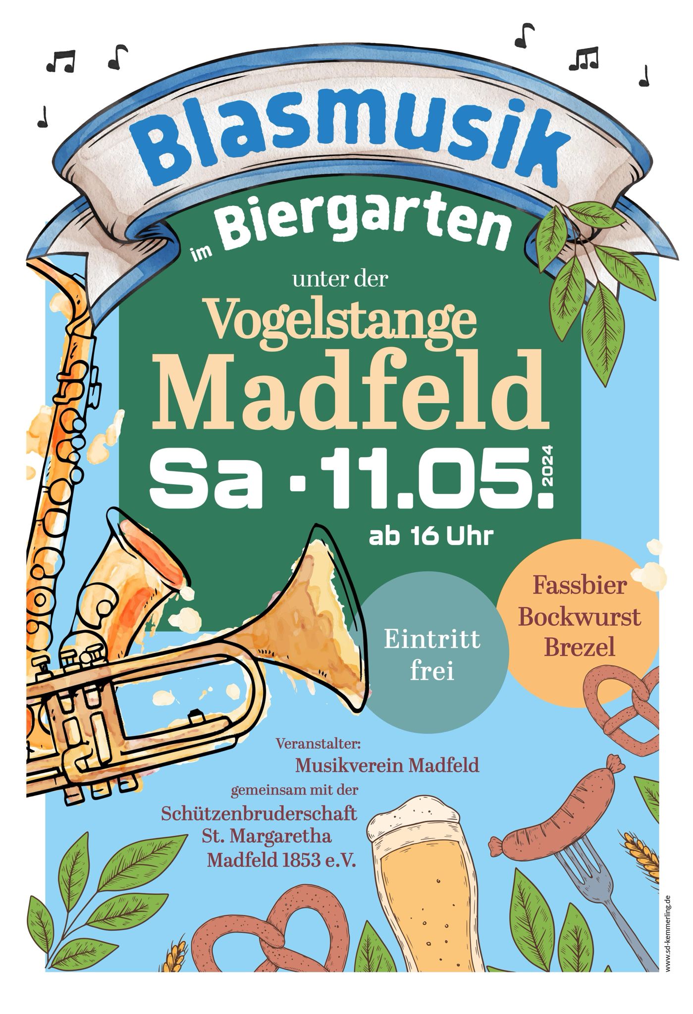 Plakat von "Blasmusik im Biergarten" unter der Vogelstange Madfeld, Sa 11.05 ab 16 Uhr